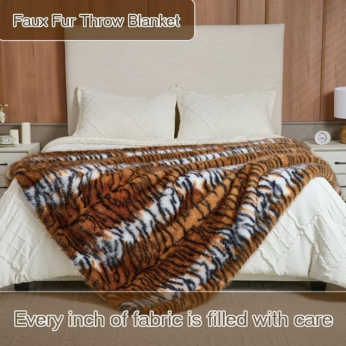 Luxury Fluffy Faux Fur Throw Blanket,Thick Fluffy Silky Fuzzy Cozy Blanket,Plush Blankets for Couch, Sofa, Chair, Bed-Tiger Print Brown-50 * 60inch