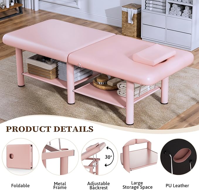 Olela Wide Foldable Massage Table - Professional Massage Table with Adjuatable Backrest & Large Storage Space, Treatment Tables with Metal Frame and Pu Leather for Spa, Beauty, Rehabilitation