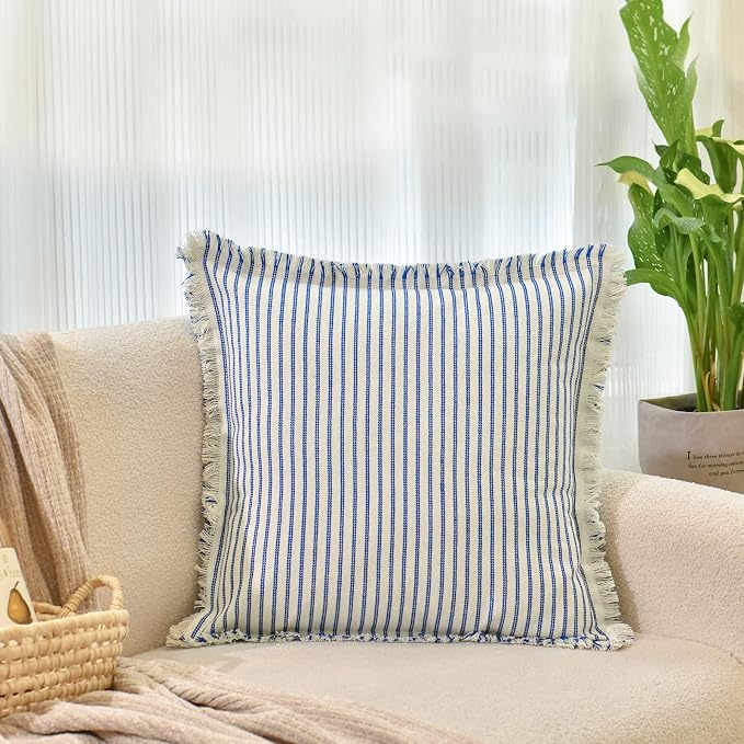 Throw Pillow Covers 26x26 Set of 2 Striped Pillow Covers with Fringe Chic Cotton Decorative Euro Sham Pillows Square Cushion Covers for Sofa Couch Bed Living Room Farmhouse Decor(Bright Blue)