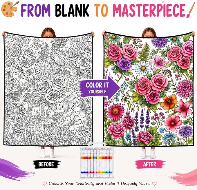 VEELU DIY Coloring Blankets with 24 Colors Markers for Adults | Custom Color In Your Own Blankets With 24 Colors Markers, Snuggle Color Sketch Washable Blankets Kit Home Decor