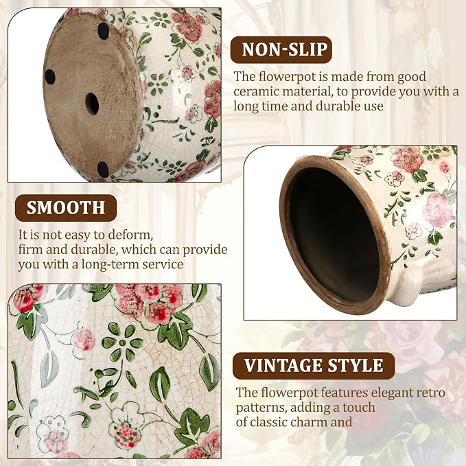 Ceramic Scroll Planter 6.5 Inch Chinoiserie Floral Vase with Drainage Holes Vintage Flower Vase Flower Pot Rustic Ceramic Pots for Indoor Plants Garden Home Bookshelf Decor (Red Plum)
