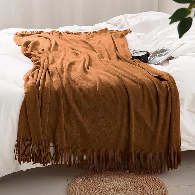 Homiest Camel Brown Knitted Throw Blanket with Fringe, 50x60 Inch | Pure Acrylic, Lightweight & Breathable, All-Season Use, Machine Washable, Wrinkle & Fade Resistant, for Couch Sofa And Bed