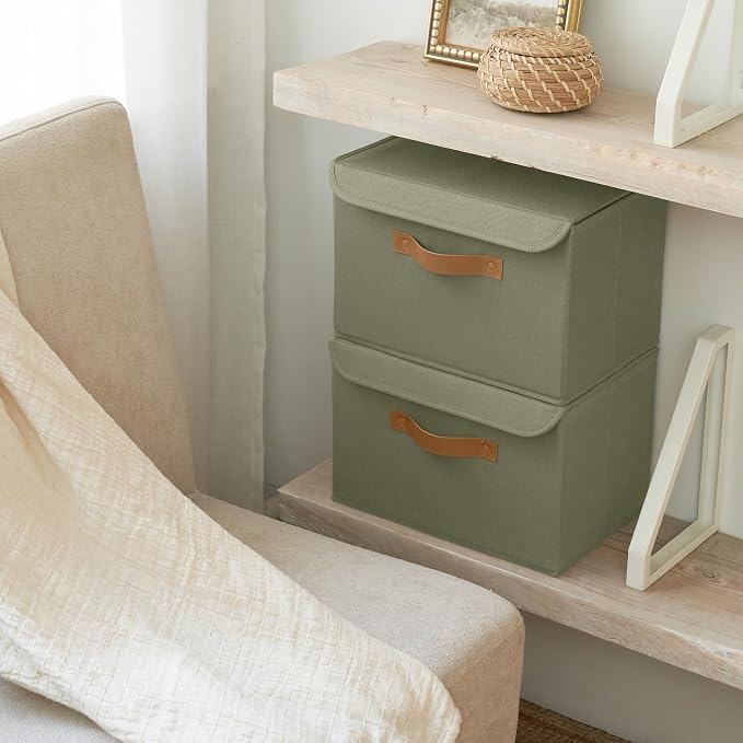 Decorative Linen Storage Boxes with Lids - Large Set of 2 Organizer Bins | The Perfect Container for Home Decor - Safely Store Photos, Documents and Memory Box Keepsakes in Style
