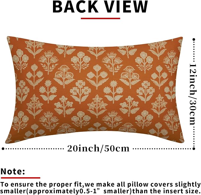 Burnt Orange Pillow Covers 12x20 Inch Set of 2, Cream Floral Block Print Pattern Lumbar Decorative Throw Pillowcases Outdoor Farmhouse Rectangle Cushion Covers Spring Summer Sofa Couch Bed Decor