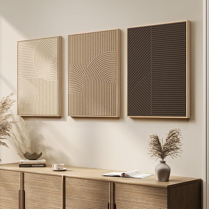 3D Textured Framed Boho Neutral Abstract Wall Art, 3 Piece Modern Minimalist Paintings Artwork for Walls, Brown Beige Tan Geometric Pictures for Living Room Dining Bedroom Office Wall Decor 16x24 In