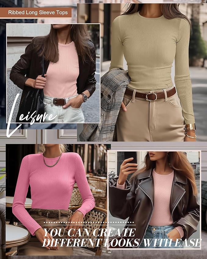 Ficerd 3 Pack Women's Ribbed Long Sleeve Tops, Crew Neck Slim Fit Undershirts Knit Basic Casual Stretch Layering Tee Shirts