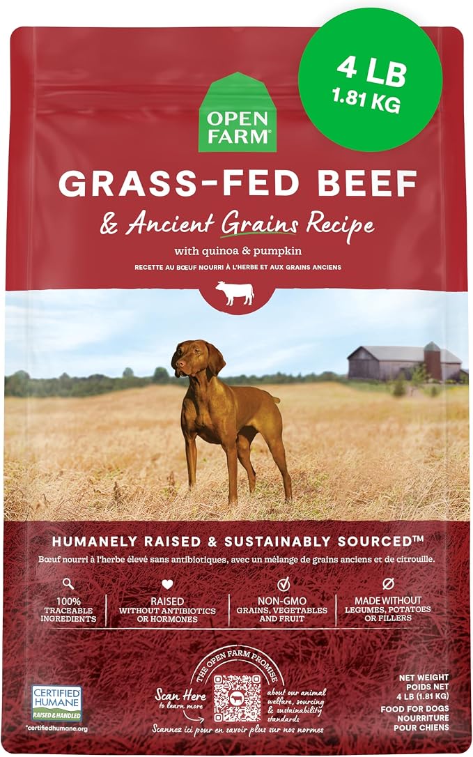 Open Farm Ancient Grains Dry Dog Food, Grass-Fed Beef Kibble, 4lb Bag | All Life Stages, All Breed Sizes, Protein-Rich & Nutrient Dense, 100% Traceable Ingredients, Non-GMO Fruits & Veggies.
