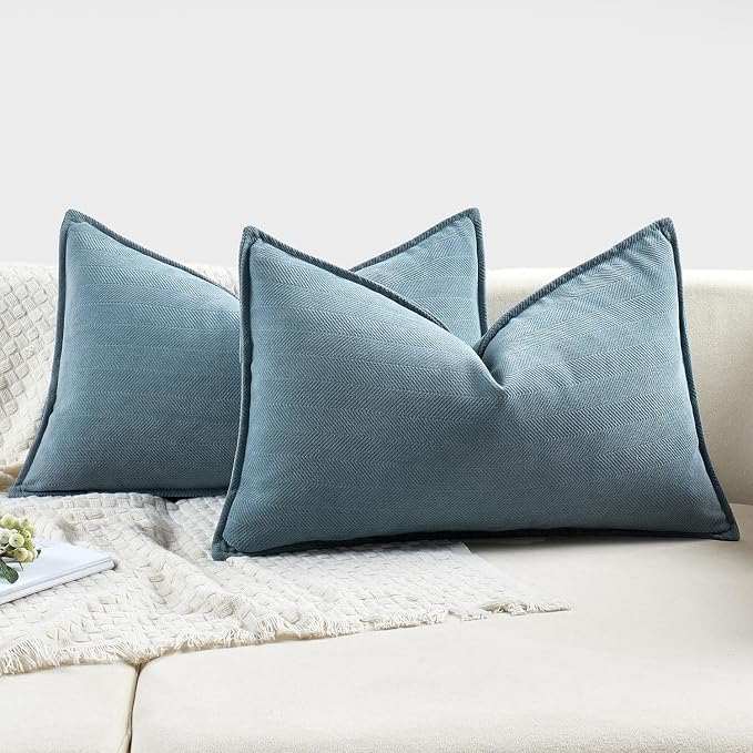 MIULEE Pack of 2 Dusty Blue Decorative Lumbar Chenille Pillow Covers 12x20 | Soft Couch Throw Pillows,Farmhouse Cushion Covers with Elegant Design for Sofa,Bedroom,Living Room,Spring Home Decor