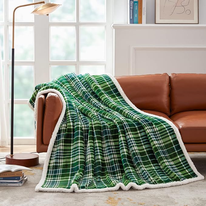 Sherpa Plaid Throw Blanket(60" X 70", Plaid Green), Fuzzy Fluffy Cozy Soft Blanket, Fleece Flannel Plush Twin Size Microfiber Blanket for Couch Bed Sofa
