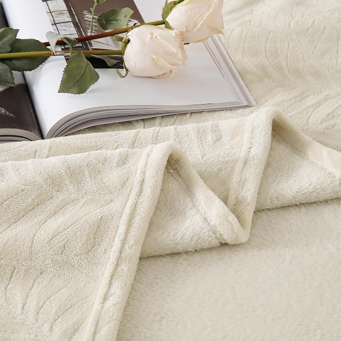 Super Soft Flannel Fleece Throw Blanket, 50 x 60 Inches, Linen | Lightweight Cozy Warm Leaves Textured Plush Blanket for Bed Couch Sofa
