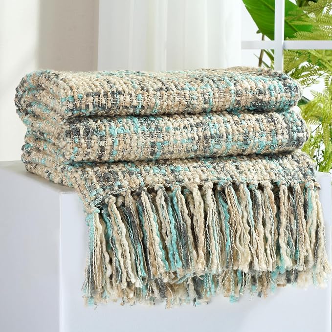 Multi-Color Cable Woven Throw Blanket for Couch - 60"X80" | Multicolored Boho Style,Super Soft Warm Cozy Chunky Blankets with Decorative Tassels for Bed and Sofa,Blue Grey