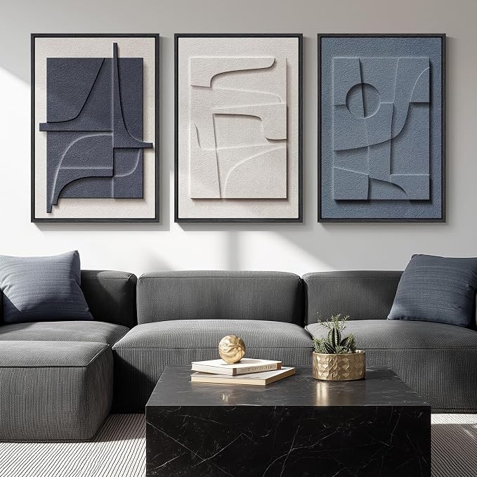 Large 3D Textured Framed Blue White Abstract Wall Art Set, 3 Piece 20x30 In | Solid wood frames, raised geometric reliefs, navy blue and ivory tones, modern wall decor for living room bedroom and office