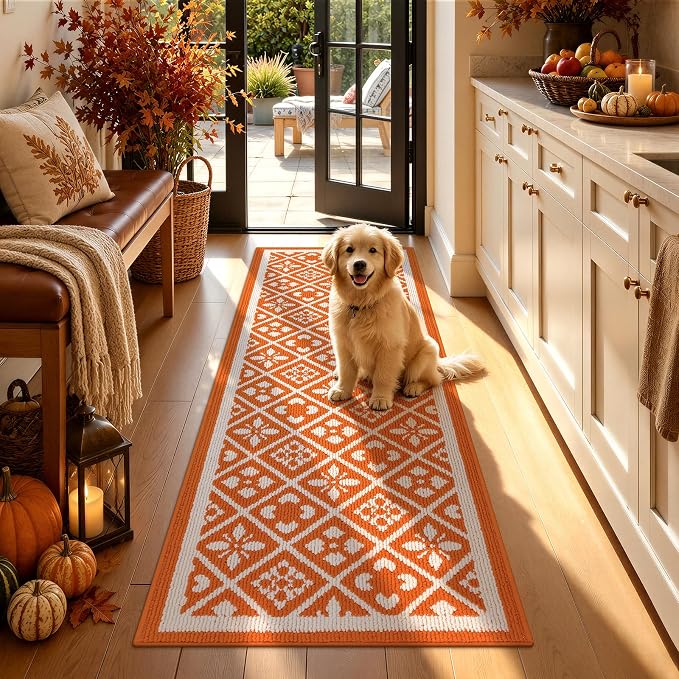 Ileading Fall Hallway Runner Rug Washable Orange Autumn Kitchen Mat 2x6 ft