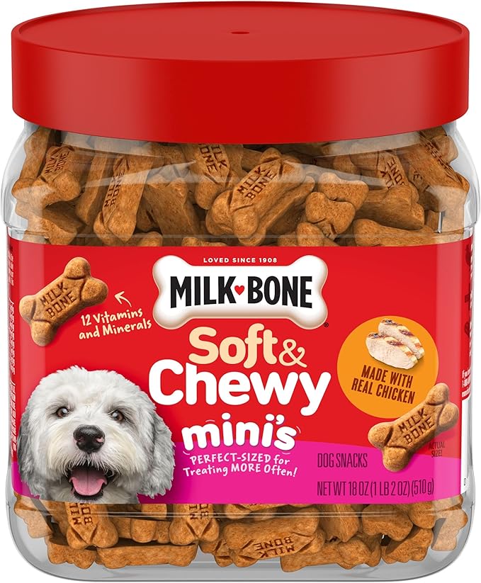Milk-Bone Soft & Chewy Mini's Dog Training Treats, 18 oz Canister | Made with real chicken breast, small dog treats for training and rewarding, 18% protein, fortified with vitamins and minerals