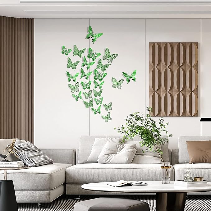 SAOROPEB 3D Butterfly Wall Decor 48 Pcs Dark Green Butterfly Decorations | 4 Styles 3 Sizes, Green Birthday Butterfly Party Decorations Butterfly Cake Decorations, Removable Stickers