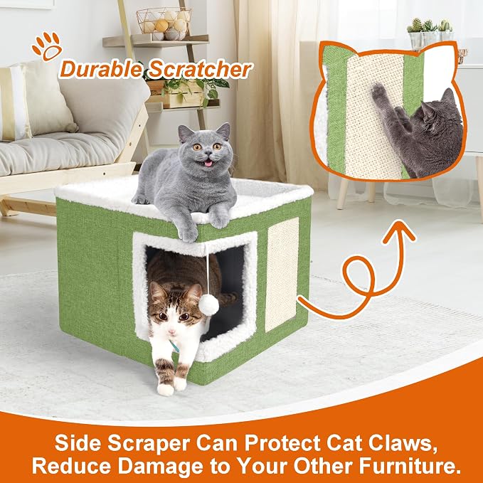 Loyareal Cat Houses for Indoor Cats - Large Cat Bed Cave with Scratch Pad and Fluffy Ball, Foldable Cat Condo Hideaway with Reversible Cushion for Multi Small Pet, Green