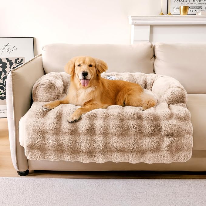 Dog Couch Bed, Calming Luxurious Dog Sofa Bed Cover Washable | Pet Mat for Medium Large Dogs and Cats, Faux Rabbit Fur, Raised Bolster, Non-slip Bottom, 37"×31"×5", Coffee