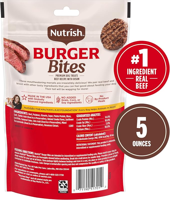 Nutrish Burger Bites Dog Treats, Beef Recipe, 5 oz. Pouch (Rachael Ray)