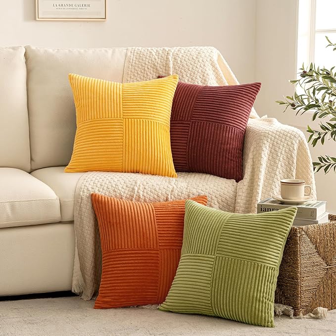 MIULEE Fall Yellow Orange Rust Throw Pillow Covers 18x18 Inch 4 Packs Boho Farmhouse Decorative Color-Clash Pillow Cases Soft Cushion Cases for Couch Sofa Bed Corduroy Striped Home Decor