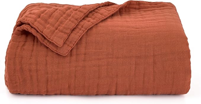 Love's cabin 100% Cotton Muslin Blanket, 6 Layer Lightweight Breathable Gauze Queen Size Blanket 90 x 90 Inches, Soft All Season Blanket for Bed, Orange