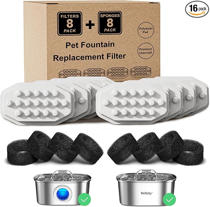 Rellaty Official Cat Fountain Filters (8 Filters +8 Sponges)