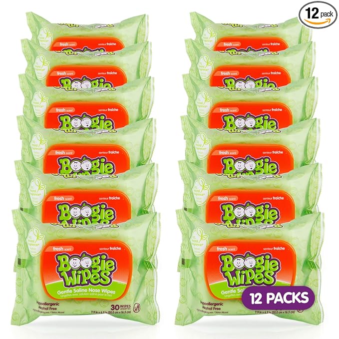 Boogie Wipes Gentle Saline Nose Wipes - 360 Count - Fresh Scent, Hypoallergenic & Alcohol-Free - Allergy Relief - Made with Natural Saline, Aloe, Chamomile & Vitamin E - Diaper Bag Essential