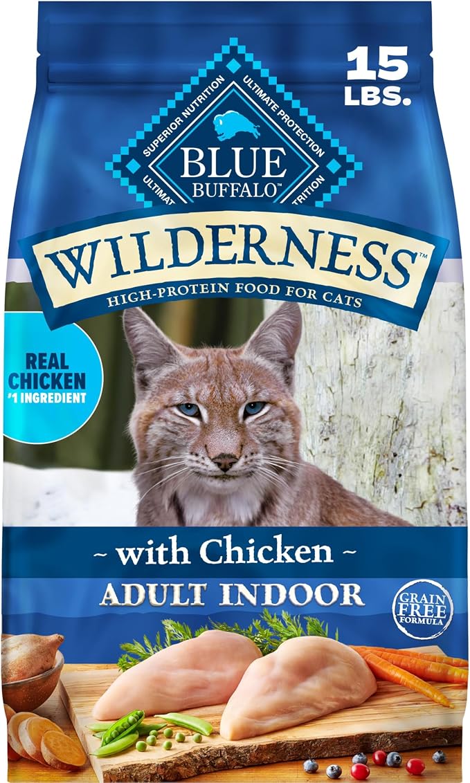 Blue Buffalo Wilderness Chicken Adult Indoor Dry Cat Food, Grain-Free 15 lb | Real Chicken #1 Ingredient, Grain-Free Recipe, High Protein Nutrition, Antioxidant-Rich LifeSource Bits