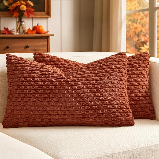 MIULEE Lumbar Fall Decorative Throw Pillow Covers 12x20 Rust Corduroy | Terracotta Textured Striped Pack of 2 Striped Pillow Covers Modern Farmhouse Autumn Home Decor for Couch Bed Sofa Living Room