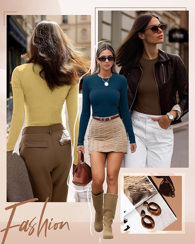 Ficerd 3 Pack Women's Ribbed Long Sleeve Tops, Crew Neck Slim Fit Undershirts Knit Basic Casual Stretch Layering Tee Shirts