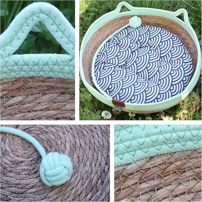 VIVIKIT Natural Cattail Cat Bed for Indoor Cats, 18.1" x 4.7" (Green) | Natural cattail, cotton trim, all season, scratch-proof, teaser ball, removable washable pad, for cats & dogs up to 22 lbs
