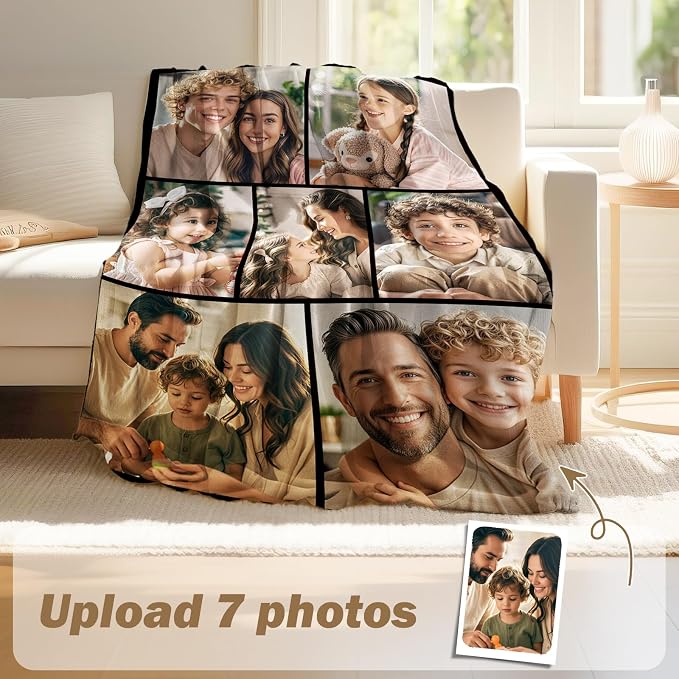 iDIY Custom Blanket with Picture and Text - Ships Next Day - Personalized Photo Throw - Customized Gifts for Family and Couples - 7 Photos