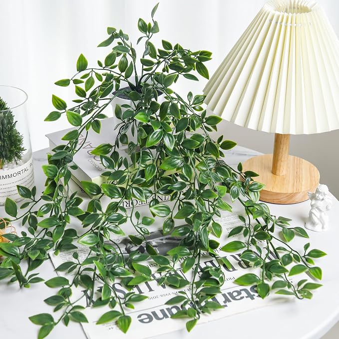 Der Rose 4Pcs Artificial Hanging Plants Fake Vines for Wall Shelf Decor | Fake hanging plant set with white pots, 2 plant styles and 2 of each for shower plants, bathroom walls and bedroom shelves