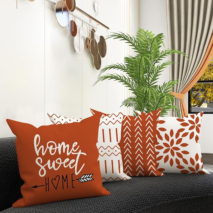 YCOLL Burnt Orange Linen Pillow Covers 20x20 Set of 4, Home Sweet Home Farmhouse Throw Pillow Covers, Holiday Decorative Cushion Covers for Sofa Couch Bed, Autumn Burnt Orangeic Fall Decor
