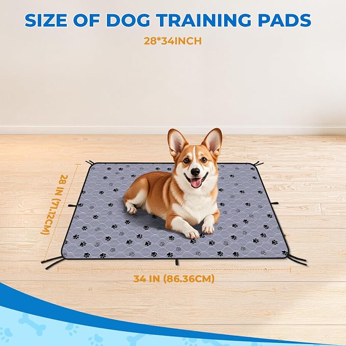 Fostanfly Washable Pee Pads for Dogs, Leak-Proof, 28''x34''-2 Pack, Gray | Ultra-Absorbent, Waterproof, Non-Slip, Large Reusable Potty Training Pads for Dogs, Puppy and Potty Buddy with 8 Tie Straps