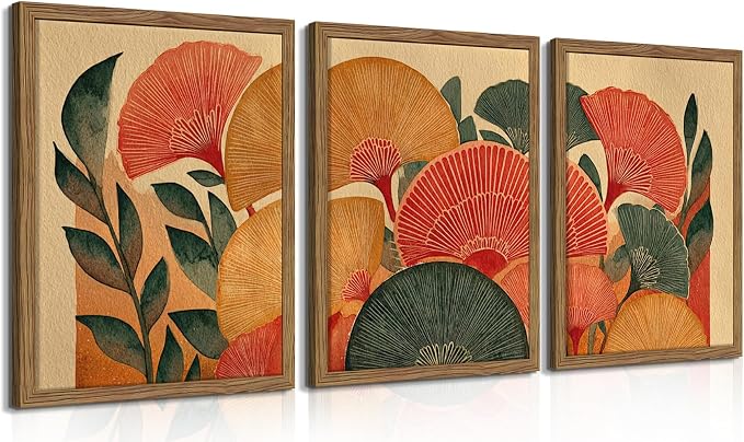 Framed Colorful Botanical Wall Art Set of 3, Vintage Ginkgo Leaves Canvas Wall Decor Paintings, Mid Century Abstract Flowers Posters Prints Pictures for Living Room Bedroom Bathroom 12x16 Inch