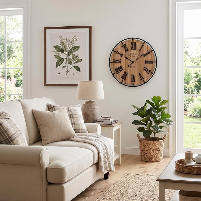 EMAX HOME Inch Modern Farmhouse Wall Clock, Warm Wood-Tone Dial with Black Metal Outer Ring, Silent Non-Ticking Quartz Mechanism, Raised Roman Numerals for Bedroom, Nursery, or Living Room Wall Art