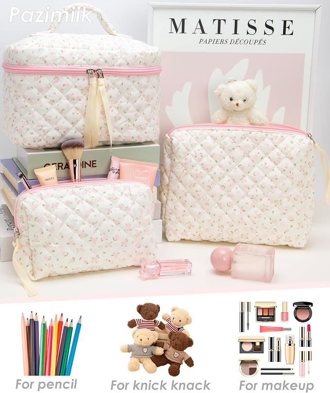 3PCS Makeup Bag SET Large Travel Quilted Zipper Soft Cosmetic Case Pouch for Women Girls Make Up,Little Flower Pink
