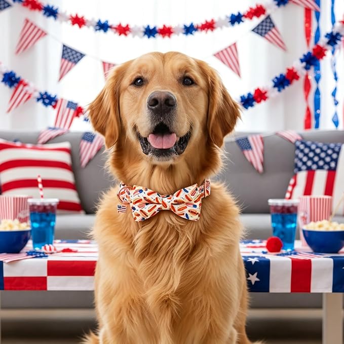 ADOGGYGO 4th of July Dog Collar with Bow Tie, Detachable Patriotic Hot Dog Print Bowtie, Adjustable American Flag Collar for Large Dogs (L)