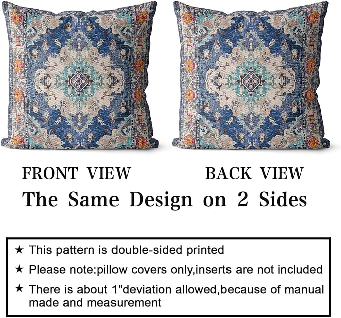 Snycler Boho Throw Pillow Covers 18x18 inch Set of 2 Boho Rug Carpet Double Sided Pattern Cotton Soft Pillow Case Cushion Cover Pillowcase for Couch Sofa Bed Decorative (Blue)