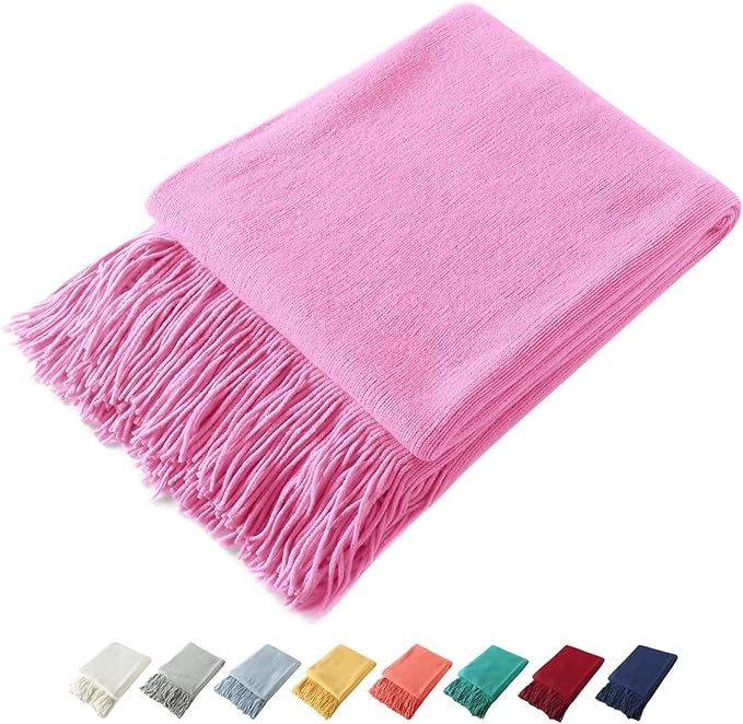 Homiest Hot Pink Knitted Throw Blanket with Fringe, 50x60 Inch | Pure Acrylic, Lightweight & Breathable, All-Season Use, Machine Washable, Wrinkle & Fade Resistant, for Couch Sofa And Bed