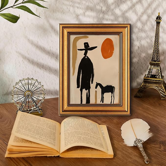 Western Desert Gold Framed Wall Art Abstract Cowboy Horse Sunset Wall Decor | Southwestern Vintage Pictures Canvas Art Minimalist Small Framed Print Artwork for Bedside Table Foyer Bookshelf Gallery Wall