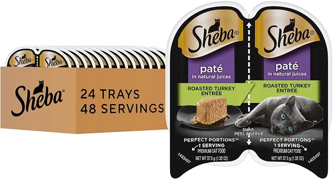 Sheba Perfect Portions Pate Wet Cat Food, Roasted Turkey, 2.6 oz, 24 ct | Grain-free, made in USA, 48 servings, no fillers, no artificial flavors, complete & balanced all life stages, twin-pack trays