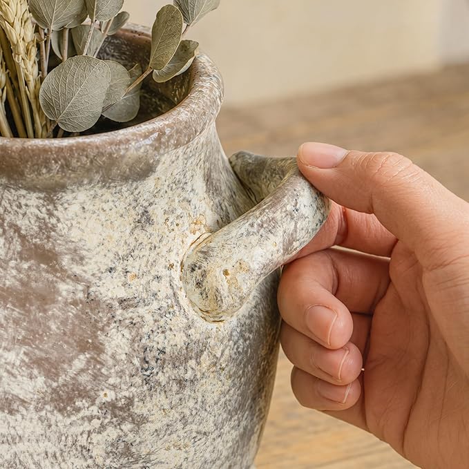 DREAMLOOM 7.2 Inch Ceramic Flower Vase, Terracotta | Double Handles, Farmhouse Vintage, Pottery, Home Decor, Living Room Dining Table Wedding Centerpieces