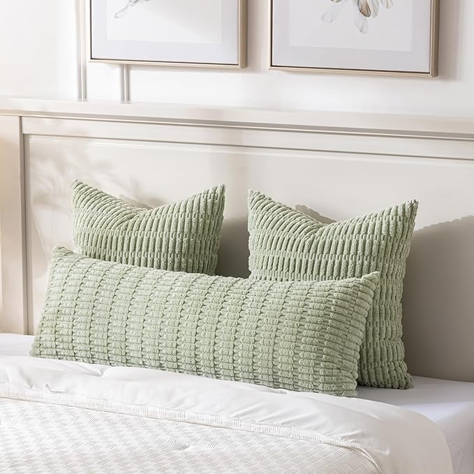 Fancy Homi Decorative Throw Pillow Covers for Bed Couch Bedroom Bench, Soft Corduroy Solid Pillow Case, Rustic Farmhouse Boho Room Decor,54" x 20" (Pack of 1),Sage Green