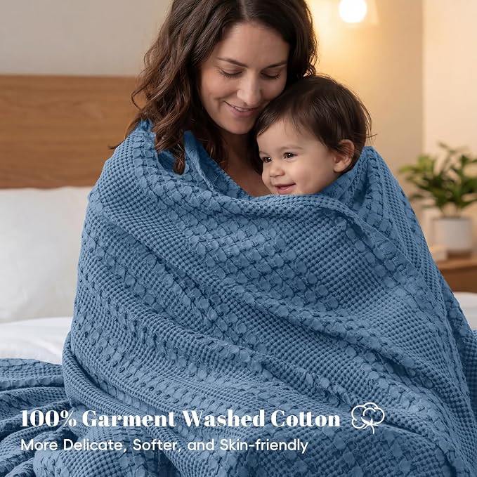 PHF 100% Cotton Waffle Blanket Twin Size, Lightweight Breathable Summer Blanket for Hot Sleepers, Pre-Washed Soft Layer for Bed, Dorm, Couch & Guest Room, Home Decor Gift, 66"x90", Denim Blue