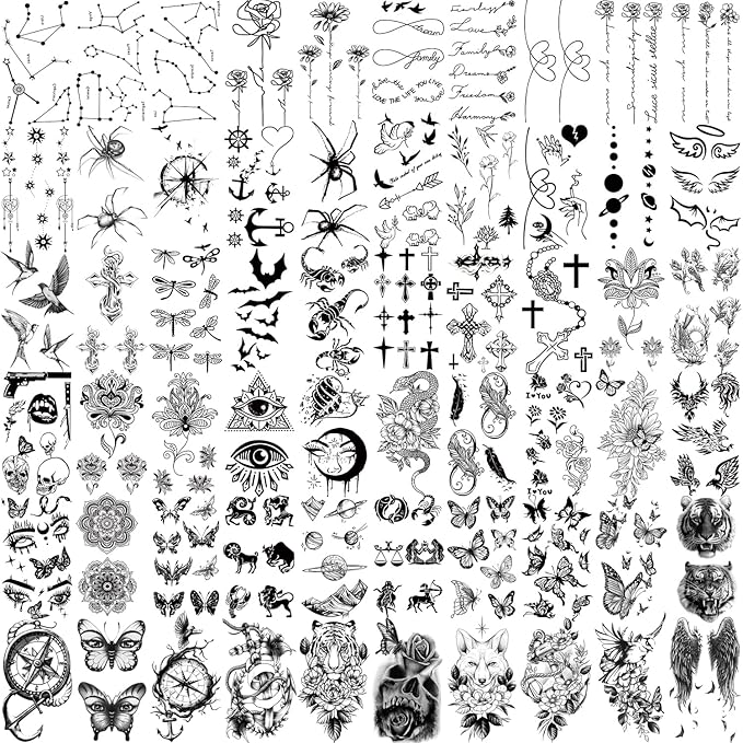 77 Sheets Temporary Tattoo for Men and Women, 17 Sheets Half Arm Chest Shoulder Fake Tattoos, 60 sheets Tiny Black for Adults, Waterproof Realistic Tattoos Long-Lasting