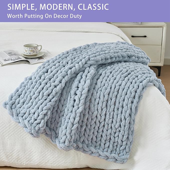 Bigacogo Chunky Knit Throw Blanket for Couch, 40x40 inches, Fog Blue | Hand Knit with Jumbo Chenille, Soft Breathable Cable Knit for Sofa Bed Living Room, Machine Washable, Gift for Mom Friend