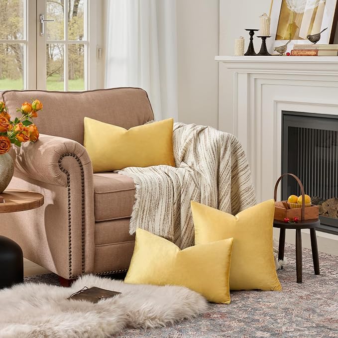 GIGIZAZA Yellow Velvet 20x12 Lumbar Decorative Throw Pillow Covers for Sofa Bed 2 Pack Soft Cushion Cover | Lumbar Throw Pillows for Couch Sofa,280gsm Soft Textured Fabric,Modern Pillowcases,Luxury Cushion Covers