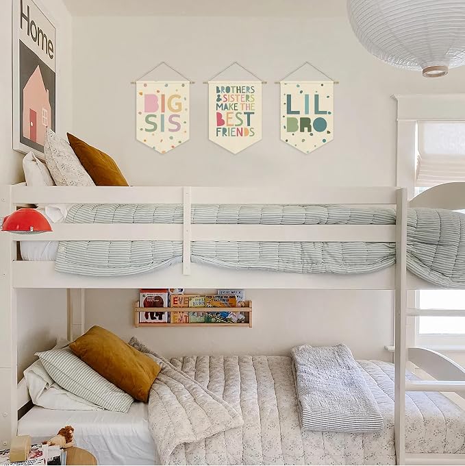 Boy Nursery Decor Canvas Banner, Brothers Playroom Wall Art Decorations, Boho Twin Room Sign, Lil Bro Big Bro, Sage Green Blue Kids Room Sibling Wall Hanging Pennant Flag Banner