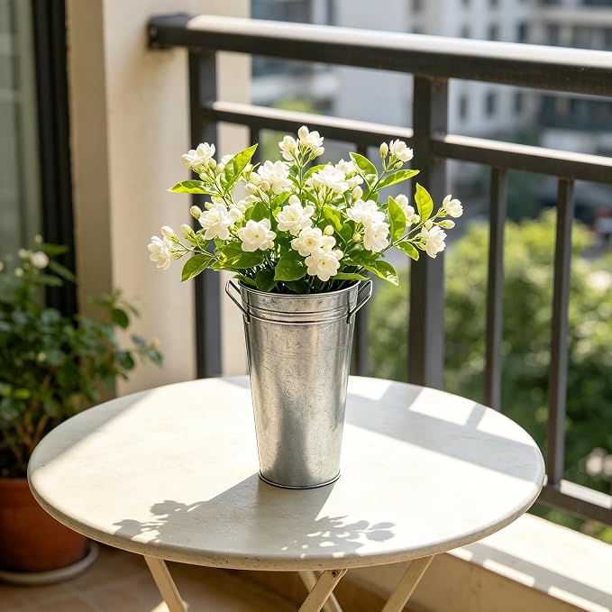 Hosley Set of 3 Galvanized French Bucket Vase with Handles 5" Dia x 9" H Ideal for Farmhouse Dried Floral Arrangements at Home for Weddings Gifts Spa and Aromatherapy Settings O5